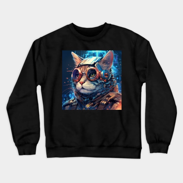 Futuristic Cyber Cat Crewneck Sweatshirt by FrogandFog